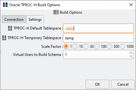 Oracle TPROCH Build Settings Options