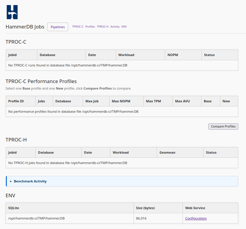 HammerDB Web Service Jobs Page