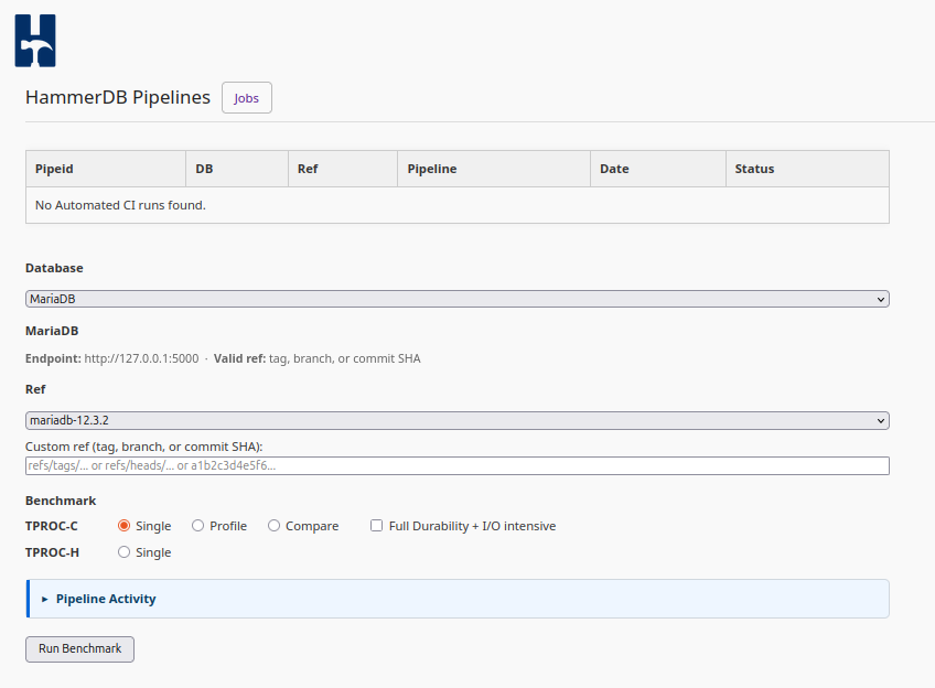 HammerDB Web Service Pipelines Page