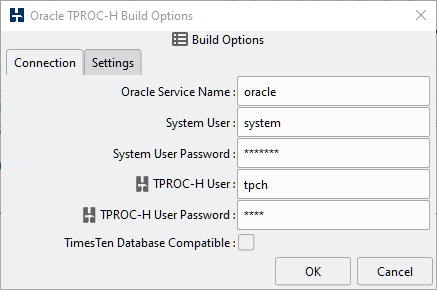 Oracle TPROC-H Build Connection Options