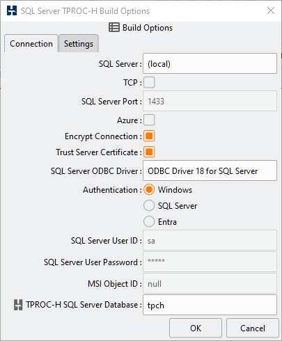 SQL Server TPROCH Build Connection Options