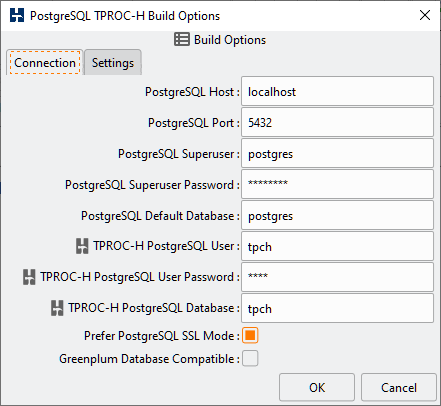 PostgreSQL TPROCH Build Connection Options