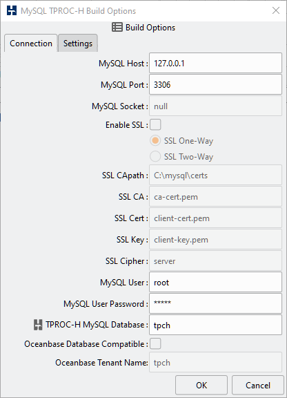 MySQL TPROCH Build Connection Options