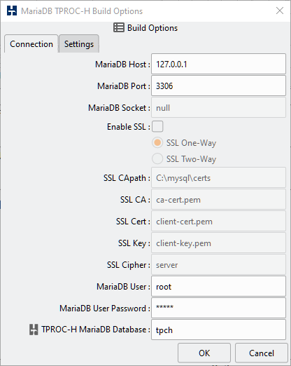 MariaDB TPROCH Build Connection Options