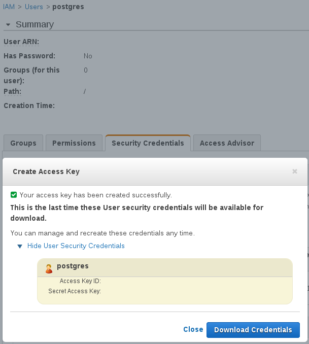 Postgres User Access Keys